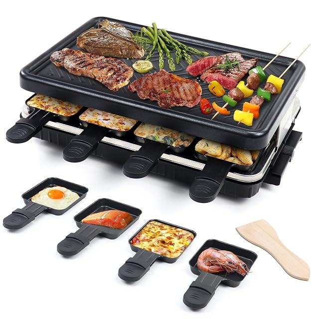 Appareil à raclette HengBO pour huit personnes avec plaque et poêlons antiadhésifs