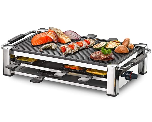 Appareil à raclette chromé Rommelsbacher RCC 1500 avec plaque nervurée en aluminium